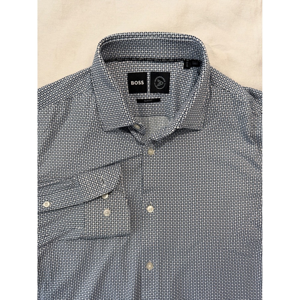 Hugo Boss Performance Slim Fit Dress Shirt Blue Geometric Print Mens 15 38 S